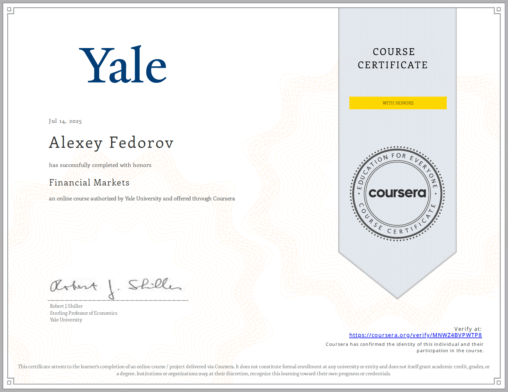 Financial Markets (Yale University) Course Certificate